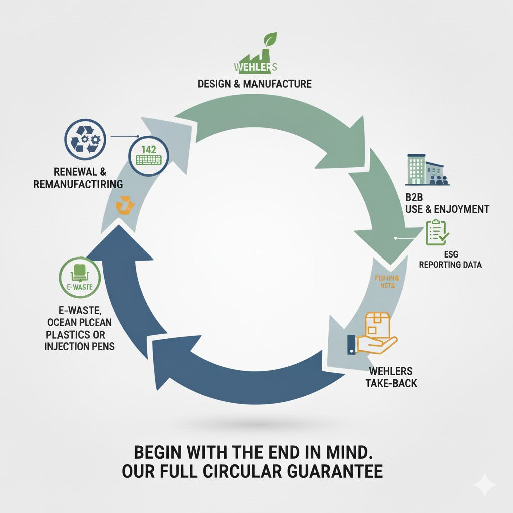 Circular economy business model for office furniture featuring Wehlers R.U.M. chair – Illustrating ROI, Take-back guarantee, and Scope 3 reduction.